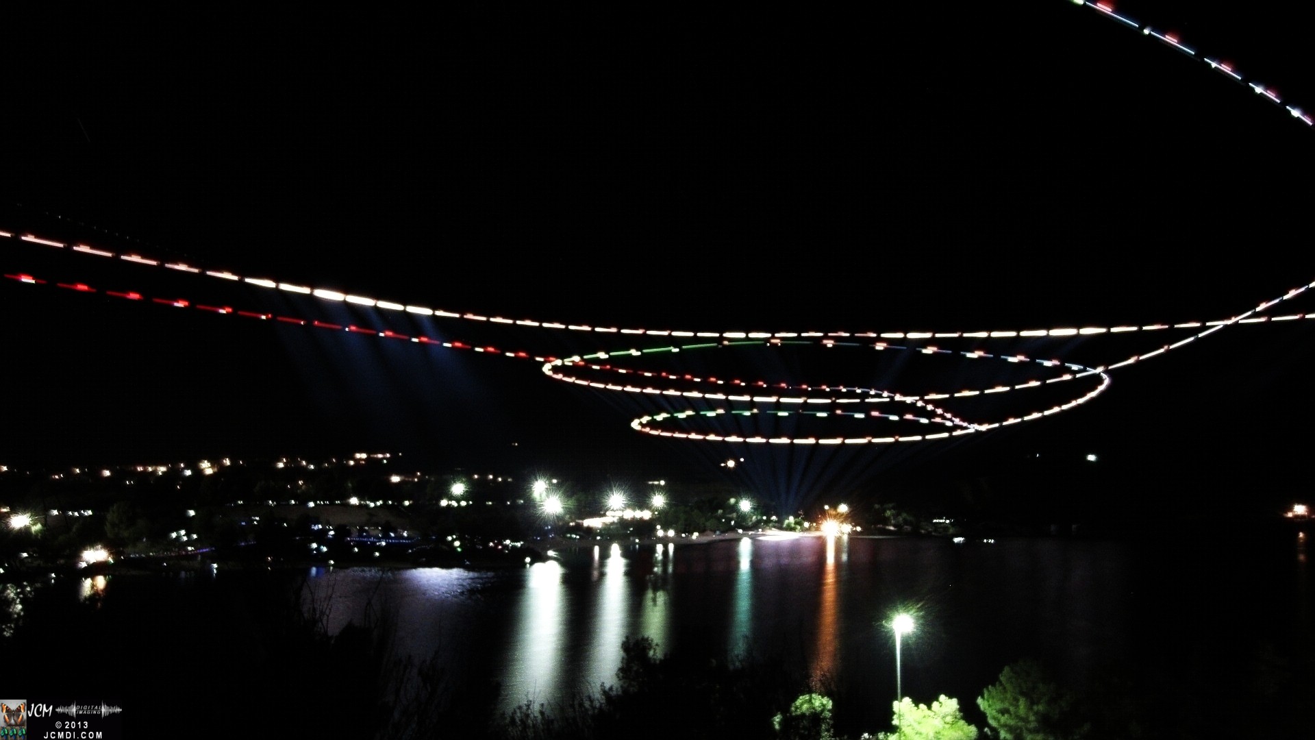 Timelapse composite � police helicopter over Castaic Lake fireworks show 2013